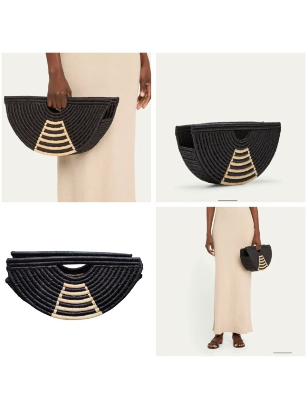 EILAF Large Half Moon Raffia Top Handle Bag Black Woven Straw Clutch Boho Design - Picture 1 of 13
